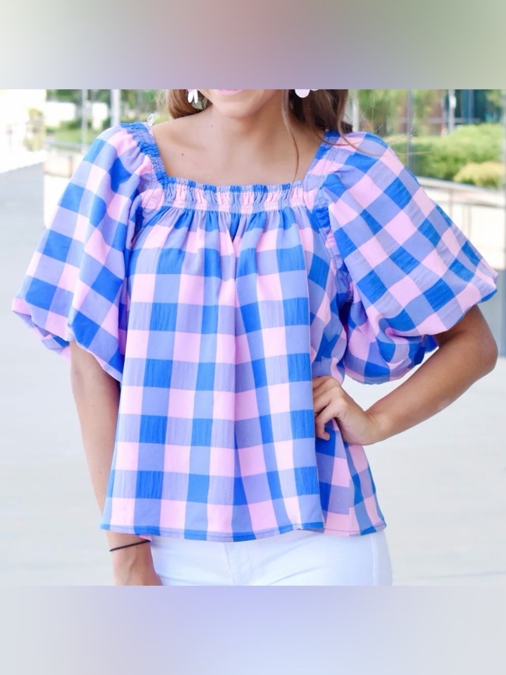 Women’s “Cotton Candy” Pink and Blue Gingham Square Neck Flowy Top Size L